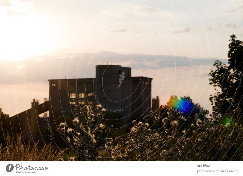 Industrieromantik Farbfoto Außenaufnahme Menschenleer Textfreiraum oben Abend Dämmerung Silhouette Sonnenlicht Gegenlicht Landschaft Himmel Sonnenaufgang