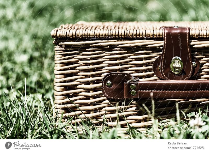 Picknickkorb Hamper mit Ledergriff im grünen Gras Freizeit & Hobby Ferien & Urlaub & Reisen Sommer Natur Garten Park Container entdecken braun Abenteuer Farbe