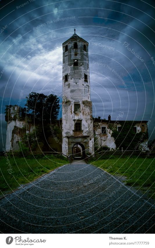 Hohenegg Burg oder Schloss Ruine Turm Tor Mauer Wand Zerstörung Wolken Gewitter Unwetter Wege & Pfade Verfall Farbfoto Außenaufnahme Dämmerung