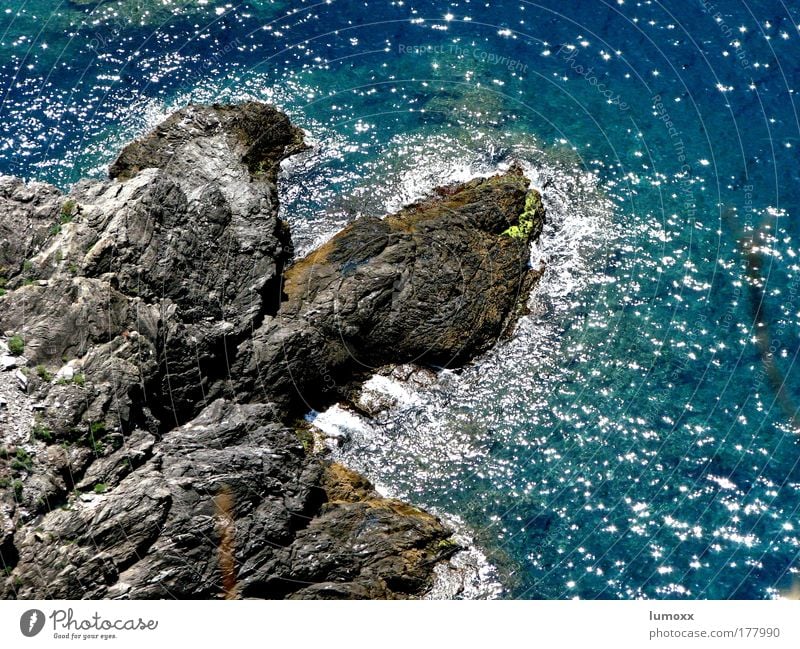 cinque terre Natur Urelemente Wasser Schönes Wetter Felsen Wellen Küste Riff Meer Cinque Terre Italien glänzend blau grau Freude Leben fließen Rauschen
