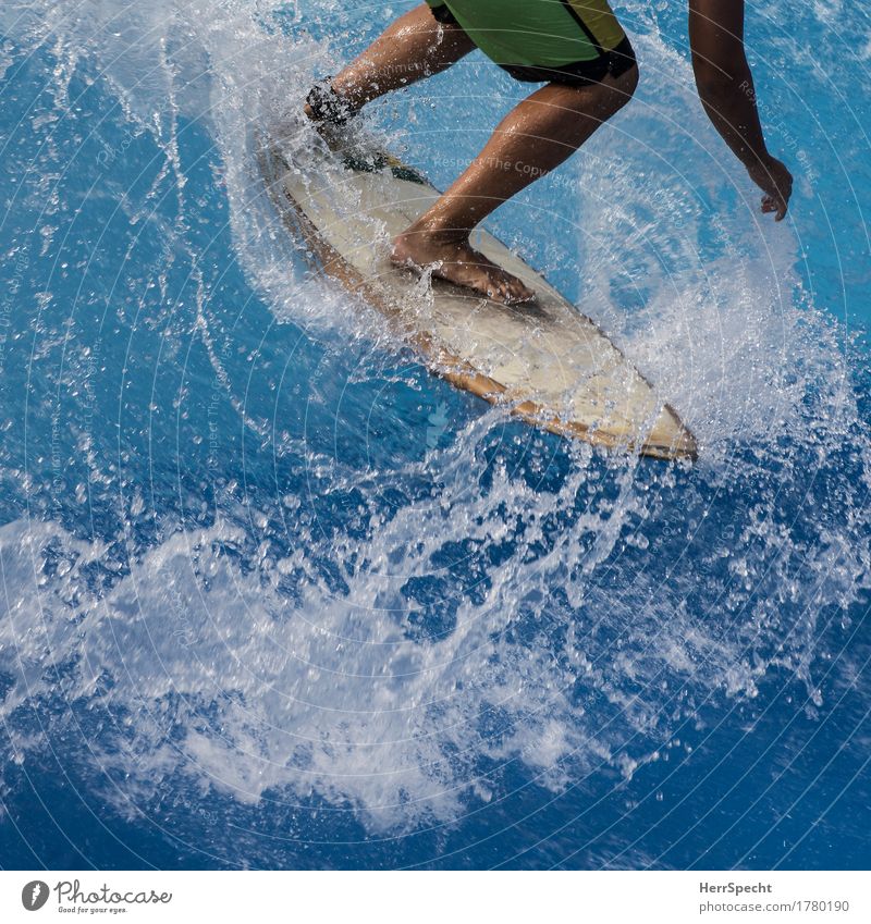 Reiter der Welle Wassersport Surfen Surfer Surfbrett Beine Schwimmbad Sport ästhetisch Flüssigkeit blau Wellen Wellengang Wasserspritzer Dynamik wild Funsport