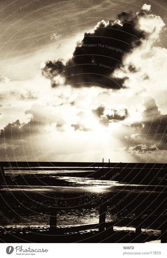 Sehnsucht Meer Flut Wolken Sonnenuntergang St. Peter-Ording Sonnenstrahlen Herbst Strand Horizont Reflexion & Spiegelung Licht Gegenlicht Nordsee gestört