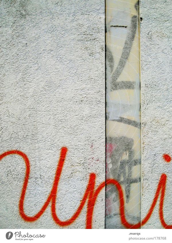versität Farbfoto Außenaufnahme Textfreiraum oben Lifestyle Bildung Studium Student Subkultur Mauer Wand Fassade Schriftzeichen Graffiti dreckig einzigartig rot