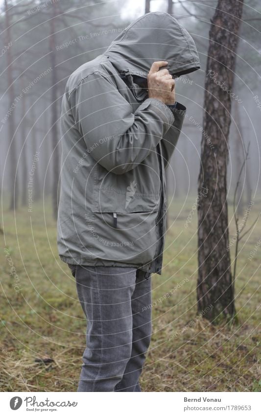 ungern Mensch maskulin 1 45-60 Jahre Erwachsene kalt Wetter Herbst grau Wald Bekleidung Jacke Kapuze Wetterschutz verstecken Kiefer Wegsehen Spaziergang