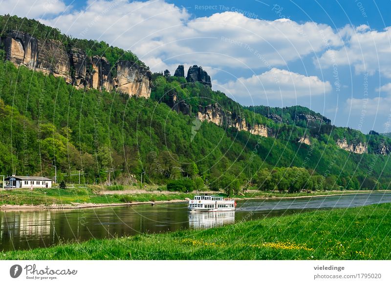 Schrammsteine mit Elbdampfer Ferien & Urlaub & Reisen Tourismus Ausflug Sommer Berge u. Gebirge Natur Landschaft Himmel Wolken Wiese Felsen Fluss