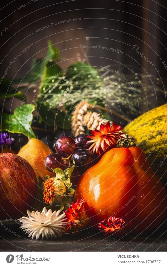 Ernten Obst und Gemüse auf rustikalem Küchentisch Lebensmittel Frucht Apfel Ernährung Festessen Bioprodukte Vegetarische Ernährung Diät Lifestyle Stil Design