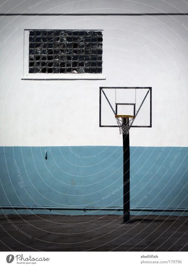 Basketballmonotonie in blau weiß Farbfoto Außenaufnahme Polaroid Menschenleer Textfreiraum links Tag Kontrast Zentralperspektive Freizeit & Hobby Spielen