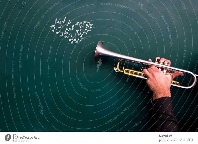 Musiker spielt Trompete mit Noten als Herz Leidenschaft Musikinstrument spielen emotional Gefühle Melodie Künstler art Kunst