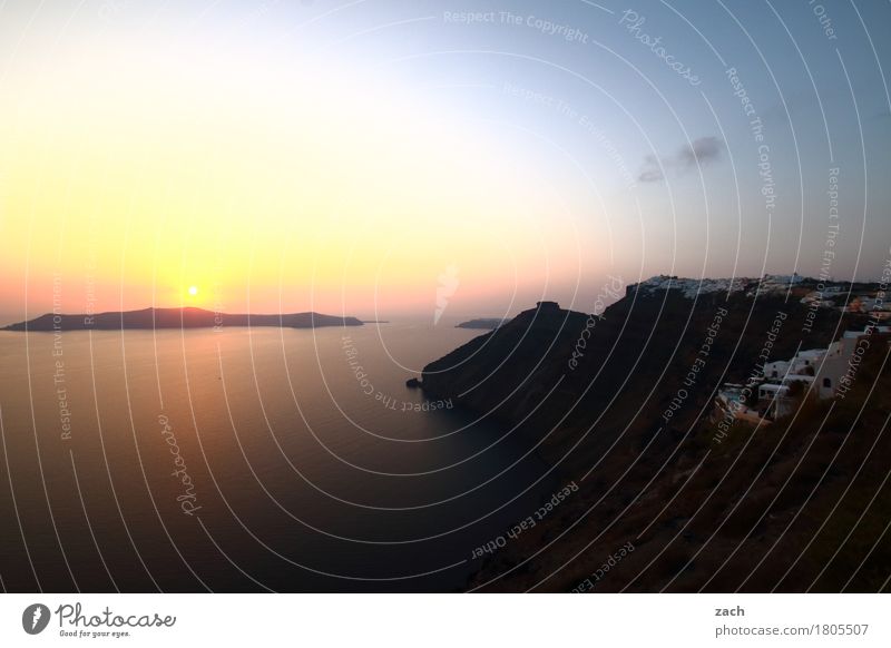 versunken Natur Wasser Wolkenloser Himmel Sonnenaufgang Sonnenuntergang Schönes Wetter Hügel Felsen Küste Meer Mittelmeer Ägäis Insel Santorin Kykladen Caldera