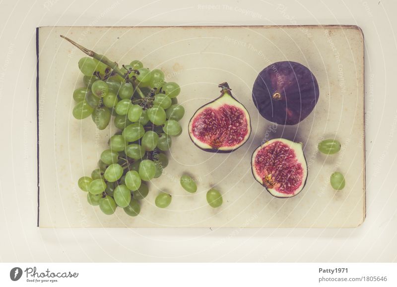 Trauben und Feigen Lebensmittel Frucht Weintrauben Stillleben Ernährung Vegetarische Ernährung Papier Zettel frisch Gesundheit retro rund süß weich grün violett