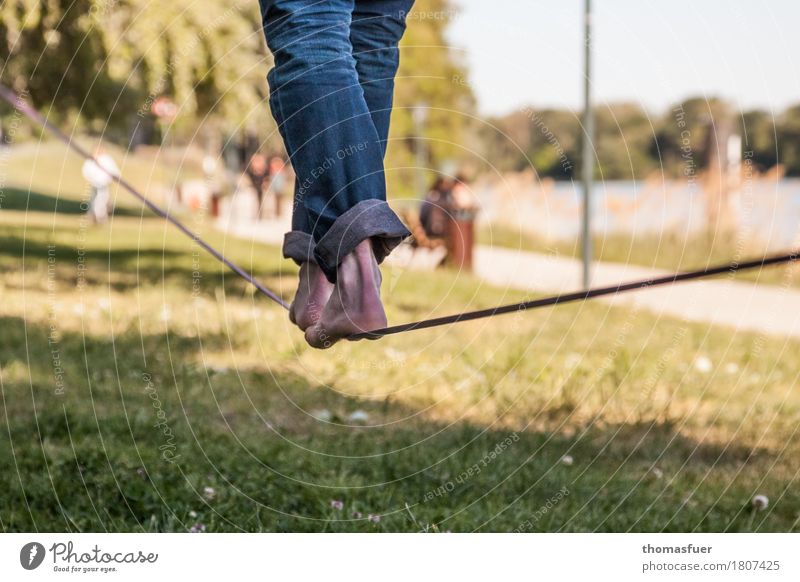 Slackline, Seil, Füße Gleichgewicht Slacklinen Seiltänzer maskulin Beine Fuß 1 Mensch 18-30 Jahre Jugendliche Erwachsene Schönes Wetter Baum Park Avignon Stadt