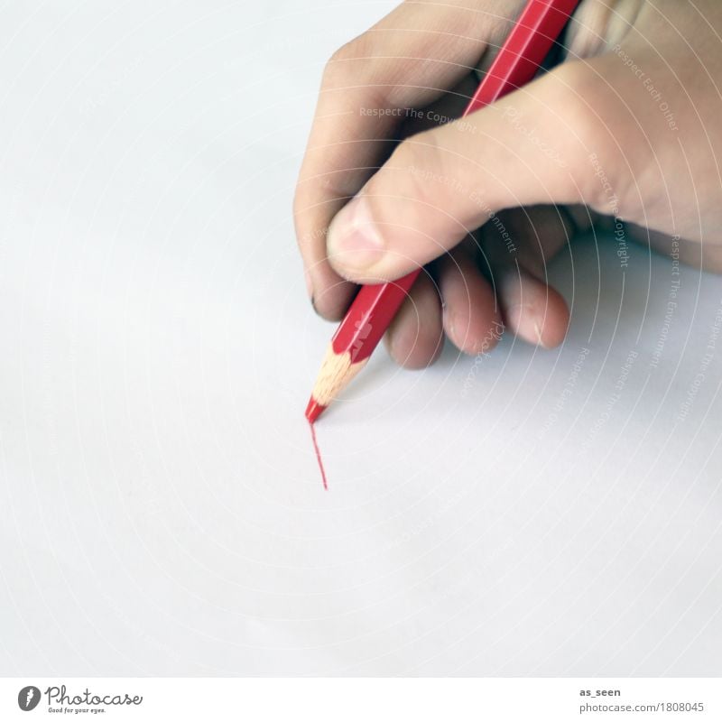Einen roten Strich ziehen Kind Leben Hand Finger 1 Mensch Kunst Printmedien Schreibwaren Papier Schreibstift festhalten zeichnen authentisch einfach einzigartig