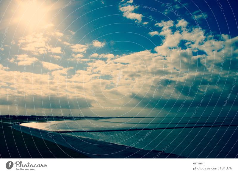 Flut & Flutlicht Landschaft Luft Wasser Himmel Wolken Horizont Sonne Sonnenlicht Schönes Wetter Küste Nordsee Deich Ferne Freundlichkeit hell blau weiß Glück