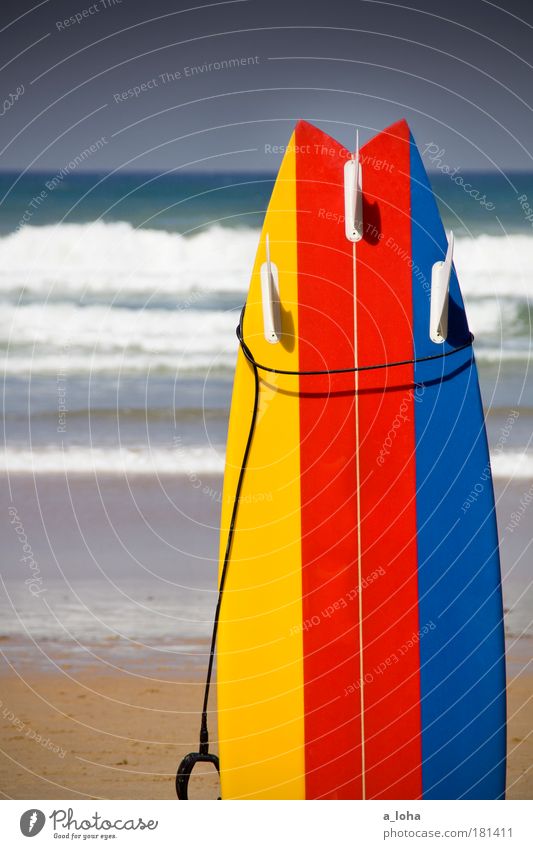 gelb-rot-blau Sommer Sport Surfbrett Surfen Wasser Wolkenloser Himmel Wellen Strand Meer Sand Linie Streifen einzigartig modern Sauberkeit Spitze Vorfreude