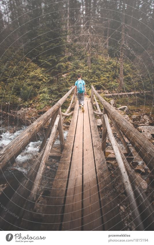 Junge, der hölzerne Brücke über Gebirgsfluss überschreitet Lifestyle Ferien & Urlaub & Reisen Abenteuer Freiheit Sommer Berge u. Gebirge wandern 1 Mensch