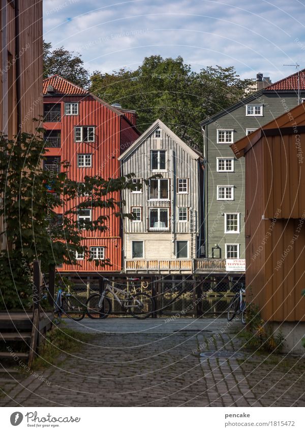 gegenüber Hafenstadt Altstadt Haus Gebäude Architektur historisch schön einzigartig Trondheim Norwegen Pfahlhaus mehrfarbig Holzhaus Kaufhaus alt Altbau