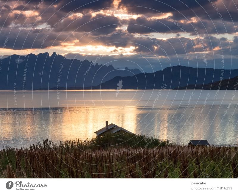 die sonne geht nun schlafen Landschaft Wasser Himmel Wolken Herbst Pflanze Küste Bucht Fjord Haus Hütte Gefühle Lebensfreude Berge u. Gebirge