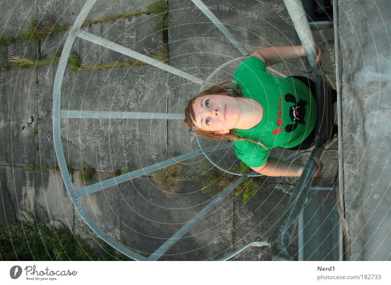 Gefangen grün Frau T-Shirt Haare & Frisuren oben Vogelperspektive Blick festhalten Junge Frau 18-30 Jahre Frauengesicht Oberkörper Blick nach oben Feuerleiter