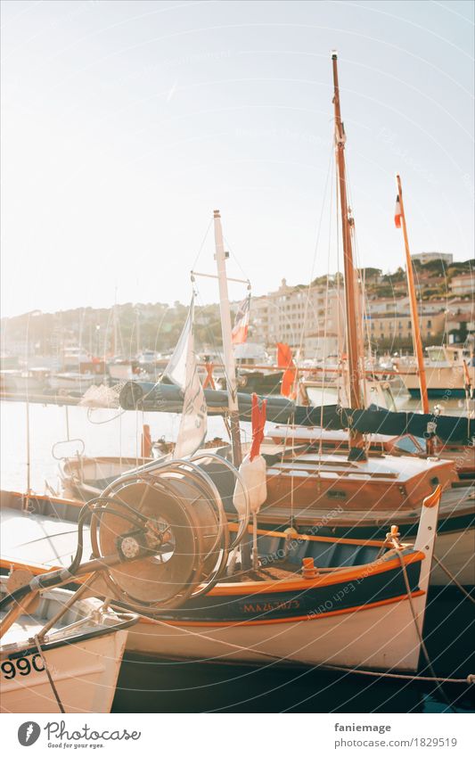 Hafen von Cassis Lifestyle Reichtum Freizeit & Hobby Angeln heiß hell Fischerboot Hafenstadt Wasserfahrzeug Segelboot Segeln parken Sonnenstrahlen Warme Farbe