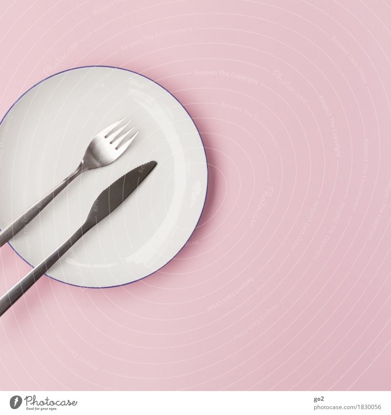 Gabel, Messer, Teller Lebensmittel Ernährung Essen Frühstück Mittagessen Abendessen Diät Fasten Geschirr Besteck Küche ästhetisch einfach rund rosa silber weiß