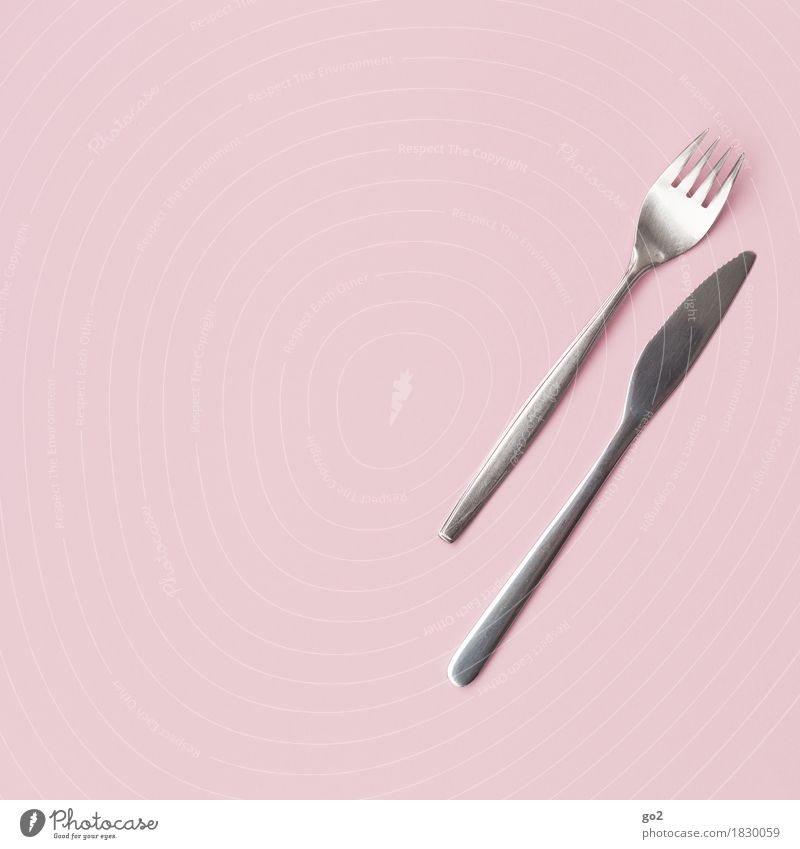 Gabel und Messer Ernährung Mittagessen Abendessen Besteck Metall rosa silber Farbfoto Innenaufnahme Studioaufnahme Nahaufnahme Menschenleer Textfreiraum links