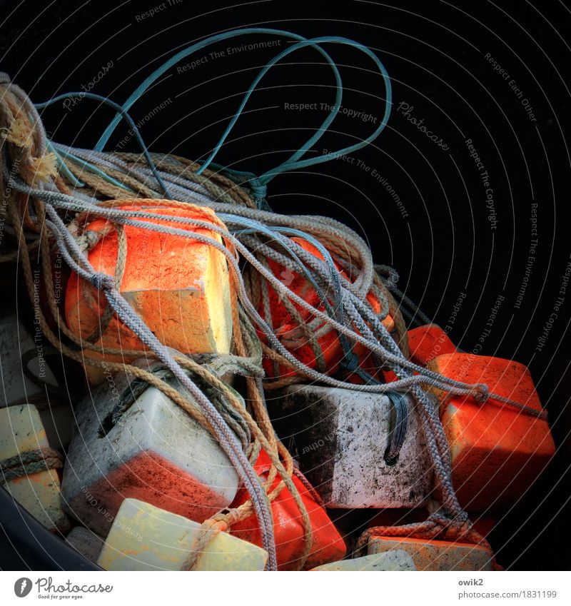 Würfelspiel Arbeitsplatz Arbeitsgeräte Schwimmer (Angeln) Fischereiwirtschaft Seil fest maritim gelb orange rot schwarz ruhig Rechtschaffenheit fleißig