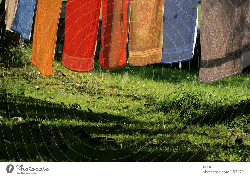 ...HERBSTWÄSCHE... Herbst Wäsche Handtuch Wiese Blatt Sonne Gras blau grün gelb orange weiß Schatten Wind Licht