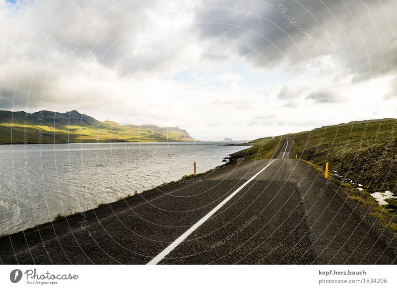 auf der Spur Landschaft Wolken Hügel Fjord Island Straße fahren entdecken Idylle Risiko Farbfoto Außenaufnahme Menschenleer