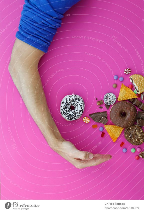 AKCG# Süßigkeiten-Amerika I Kunst Kunstwerk ästhetisch Arme Mann Gier Süßwaren Krapfen Kartoffelchips Schokolinsen Bonbon Gummibärchen rosa blau Pullover
