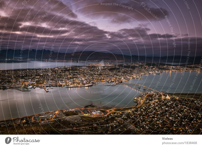 Tromsø Fjord Nordsee Hafenstadt Brücke Schifffahrt entdecken glänzend dunkel historisch violett Norwegen Nachtaufnahme Beleuchtung Fjellheisen Seilbahn