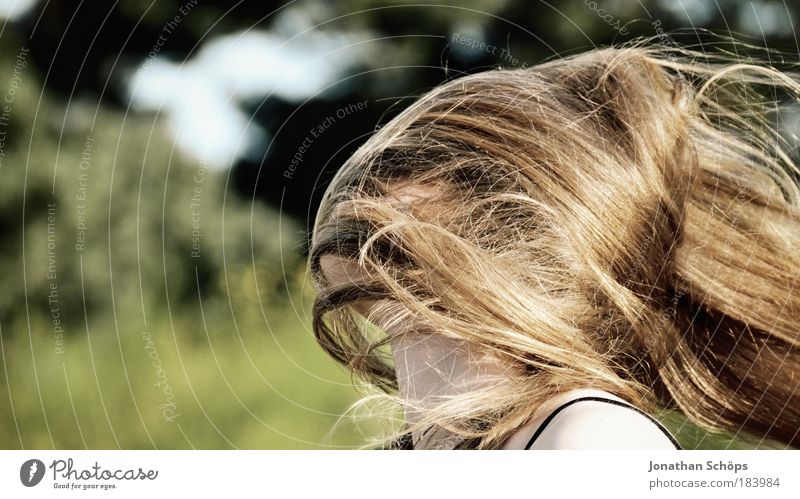 automatische Verschleierung durch den Wind Farbfoto Außenaufnahme Textfreiraum links Sonnenlicht Schwache Tiefenschärfe Profil Mensch feminin Mädchen Junge Frau