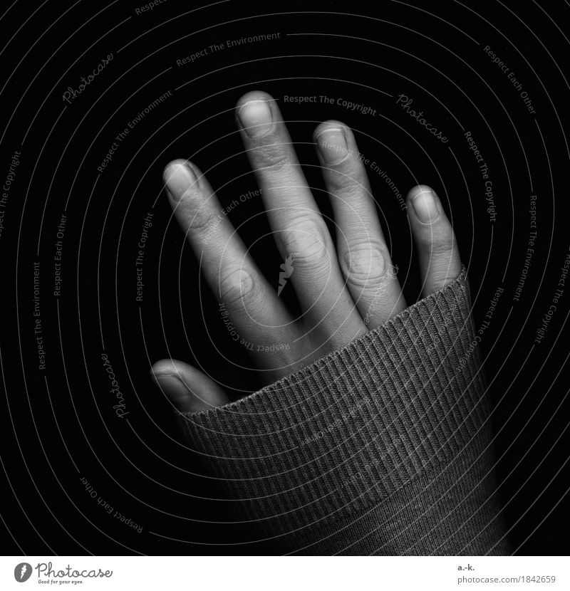 Hand feminin Finger Fingernagel Pullover Ärmel berühren kalt Einsamkeit strecken verstecken bedecken Schwarzweißfoto Detailaufnahme Experiment