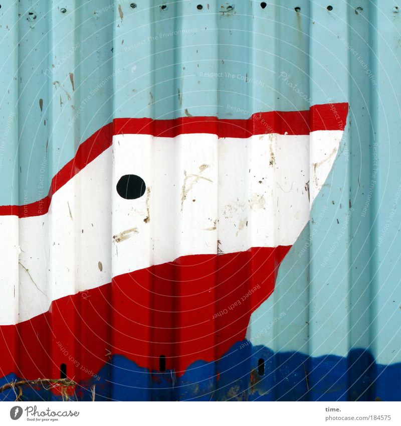 Schmollboot Wand Blech Schotten maritim Farbe Gemälde Kunst weiß blau rot Wasserfahrzeug (der Assistent kennt kein Schiff) Loch rund Strand Meer parallel