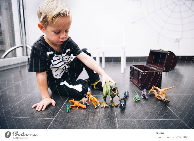 Kleiner kaukasischer Junge, der zu Hause mit Dinosaurierspielwaren spielt Lifestyle Freude Spielen Bildung Kindergarten Mensch Kleinkind Kindheit 1 1-3 Jahre