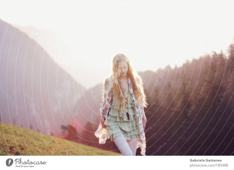 Winde wehen weiter feminin Haare & Frisuren Natur Landschaft Mode Schal blond langhaarig Bewegung gehen frei Unendlichkeit violett Stimmung Einigkeit Erholung