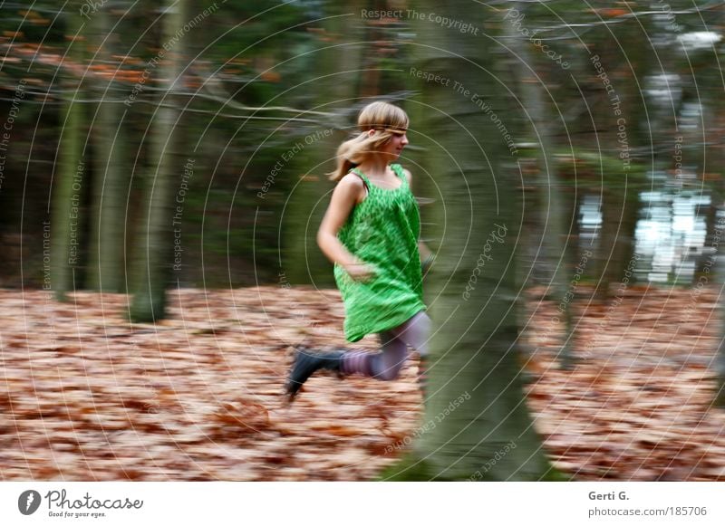 WaldLauf Leichtathletik laufen rennen 100 Meter Lauf wandern Waldboden Waldlichtung Baum Mensch feminin Junge Frau Jugendliche Natur Herbst Bekleidung Kleid