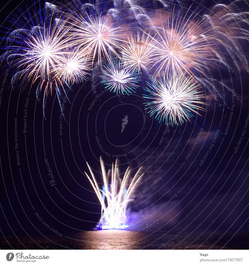 Buntes Feuerwerk mit Wasserreflexion Freude Freiheit Wellen Nachtleben Entertainment Party Veranstaltung Feste & Feiern Weihnachten & Advent