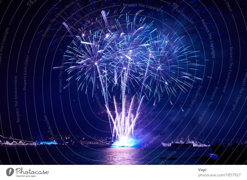 Blaue bunte Feuerwerke mit Wasserreflexion Freude Freiheit Wellen Nachtleben Entertainment Party Veranstaltung Feste & Feiern Weihnachten & Advent