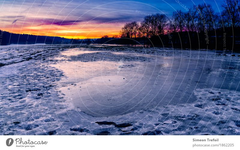 Sonneuntergang an der Sonau Tourismus Ferne Freiheit Winter Schnee wandern Telefon Landschaft Schönes Wetter Eis Frost Baum Unendlichkeit kalt blau gelb rot