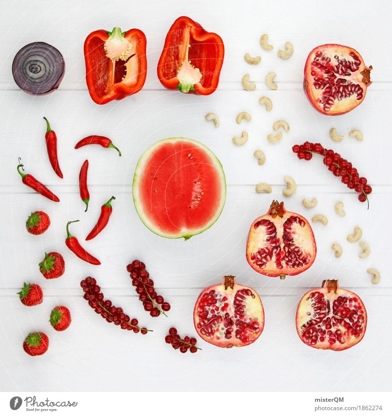Fresstag. Kunst ästhetisch Frucht Gemüse Gesunde Ernährung Zwiebel Paprika Granatapfel Nuss Cashew Peperoni Melone Wassermelone ausgewogen Vielfältig