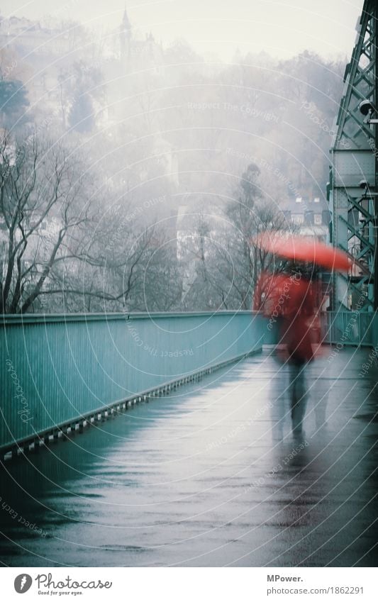 rainday Mensch Frau Erwachsene 1 Stadt Altstadt bevölkert Brücke gehen Regen Regenschirm rot türkis nass Einsamkeit Traurigkeit grau Herbst trist Wetter