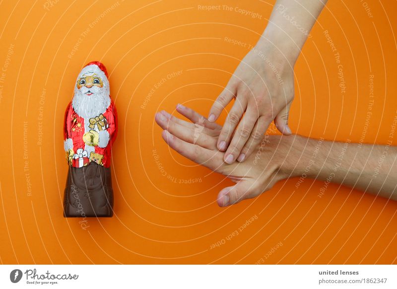 AKCGDR# Hörst du auf! Kunst ästhetisch Weihnachten & Advent Schokoladenweihnachtsmann orange rot Hand Verbote Schmerz Aua Diät Appetit & Hunger Konsum