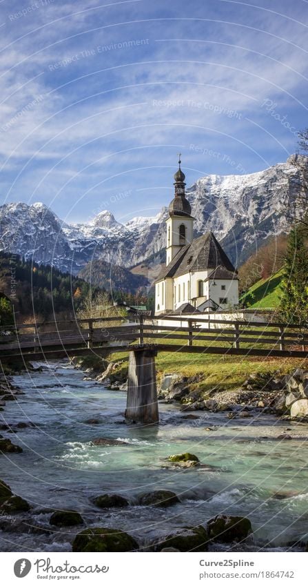 Kirche Ramsau (Berchtesgaden) Natur Wasser Himmel Wolken Herbst Schönes Wetter Eis Frost Schnee Wiese Wald Hügel Felsen Alpen Berge u. Gebirge Gipfel