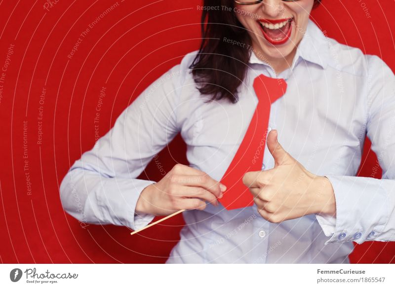 Business11 feminin Junge Frau Jugendliche Erwachsene Mensch 18-30 Jahre 30-45 Jahre Geschäftsfrau Erfolg Erfolgsaussicht rot Krawatte Karton Bluse Hemd