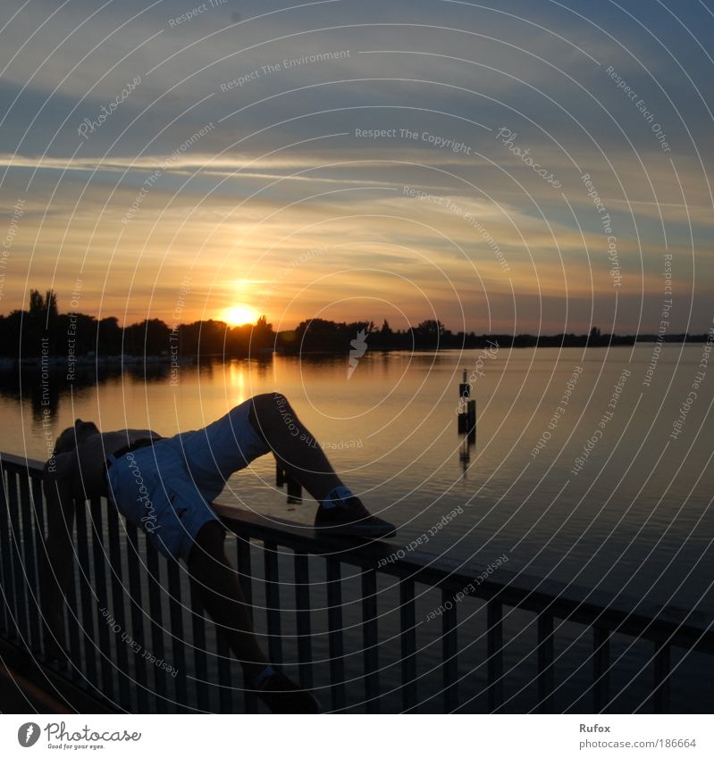 Brückenschläfer im Kopf Sonne Sonnenuntergang Wasser See Mensch alleine Blick Sehnsucht Entspannung