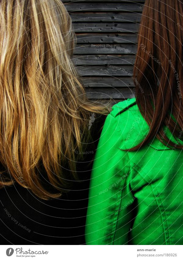 Kontraste feminin Frau Erwachsene Freundschaft Jugendliche Haare & Frisuren 2 Mensch Kunst brünett blond langhaarig Denken braun grün Farbfoto Außenaufnahme