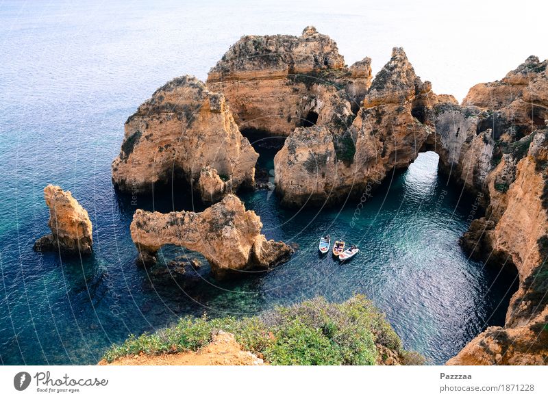 Algarventourismuspflichtprogramm Natur Landschaft Wasser Sommer Schönes Wetter Sträucher Felsen Küste Bucht Riff Meer Atlantik maritim Tourismus