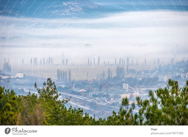 Misty Stadt mit Bäumen und Gebäuden Ferien & Urlaub & Reisen Umwelt Natur Landschaft Himmel Wolken Nebel Baum Wiese Feld Wald Hügel Kleinstadt Industrieanlage