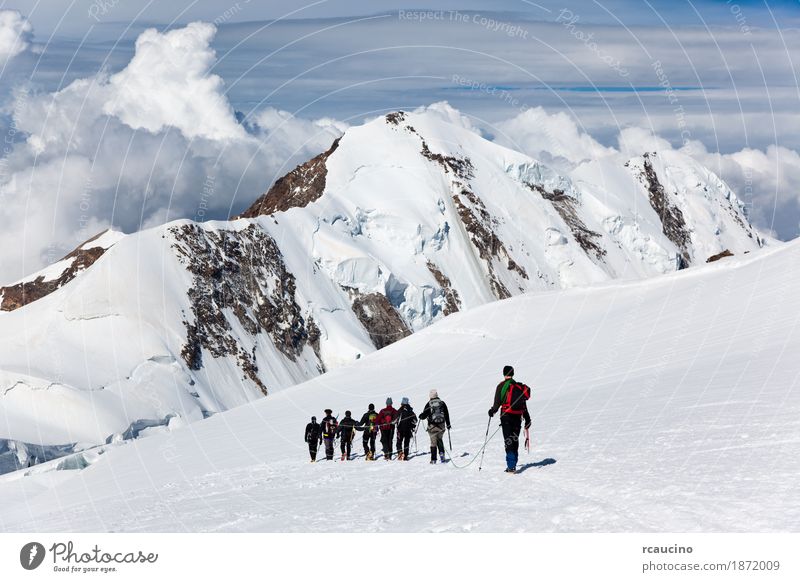 Mountaneers, die auf den Monte Rosa-Gletscher, die Schweiz gehen Abenteuer Expedition Winter Schnee Berge u. Gebirge wandern Sport Klettern Bergsteigen Seil