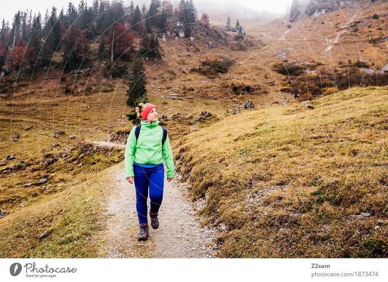 Abwärts Freizeit & Hobby Berge u. Gebirge wandern Sport Junge Frau Jugendliche 18-30 Jahre Erwachsene Natur Landschaft Wolken Herbst schlechtes Wetter Nebel